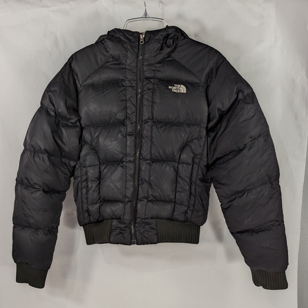 The North Face Coat Women 550 Down Puffer Bomber Jacket Hooded Black Satin M